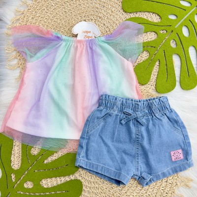 Conj. Batinha em Tule Colorido com Strass e Short Jeans